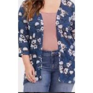 Torrid 4X Size BLUE FLORAL HACCI KNIT KIMONO Style Open Front Cardigan Plus Size